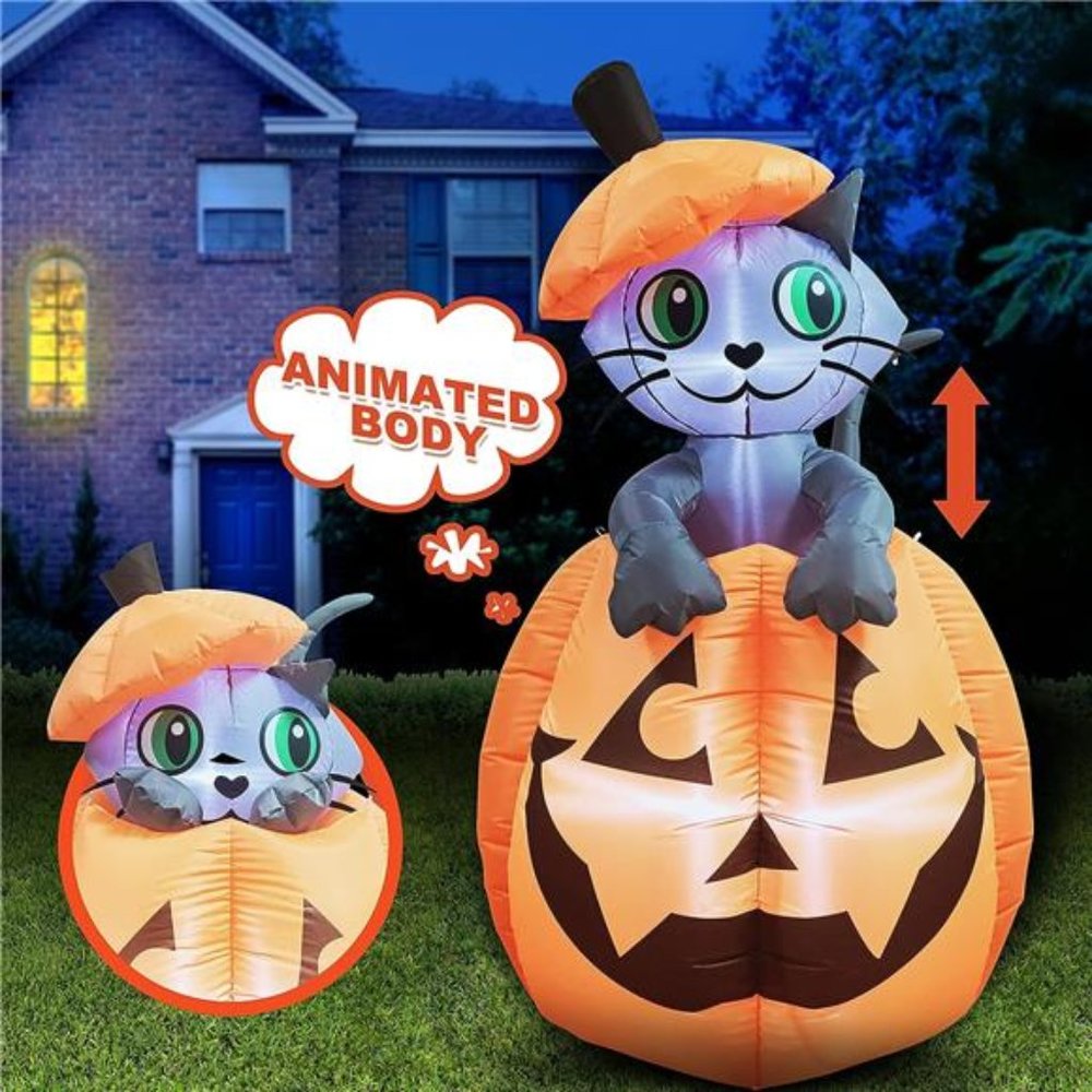 5 ft Tall Halloween Inflatable Animated Kitty Cat On Pumpkin Inflatable - Picture 3 of 6
